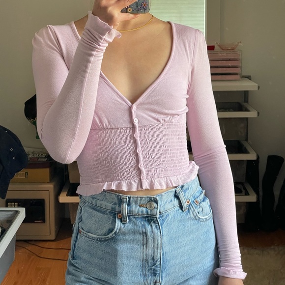 Long Sleeve V Neck Button Down Top - Picture 1 of 4